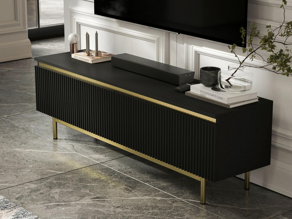 TV-SCHRANK Selene Schwarz Matt 140 cm mit Metallrahmen Glamour - Goldfarben/Schwarz, Holzwerkstoff (140/44/35cm) - Meble Lindner