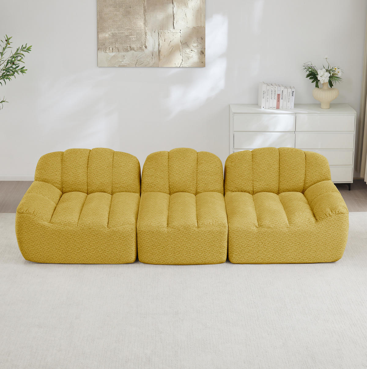 3-SITZER Modulsofa aus Granuliertem Fleece mit boneless Design Gelb - Gelb, Textil (104/79/288cm) - Modenvie