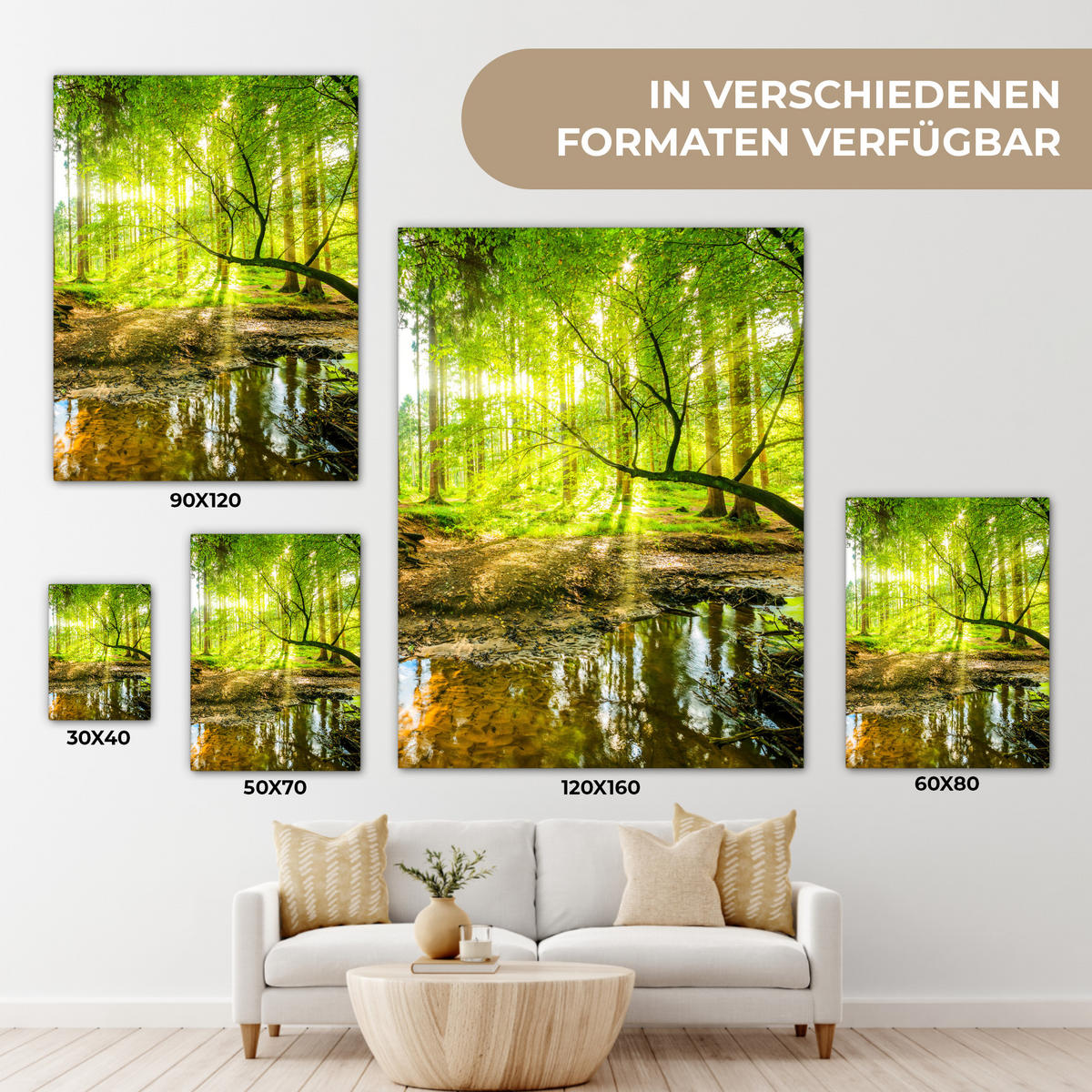 LEINWANDBILD Wald - Landschaft - Wasser - Bäume - Sonne - Grün - Natur 30x40 cm - Grün, Textil (30/40cm) - MuchoWow