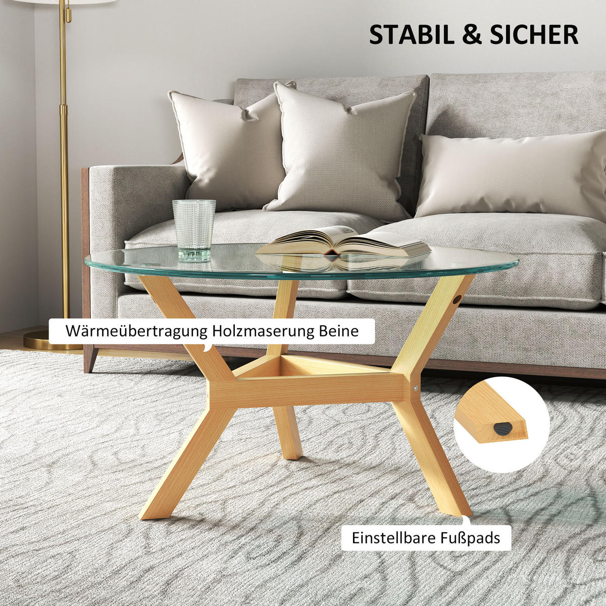 COUCHTISCH mit verstellbaren Fußpolstern, Transparent, Ø80 x 45 cm - Transparent, Metall (80/80/45cm) - HOMCOM