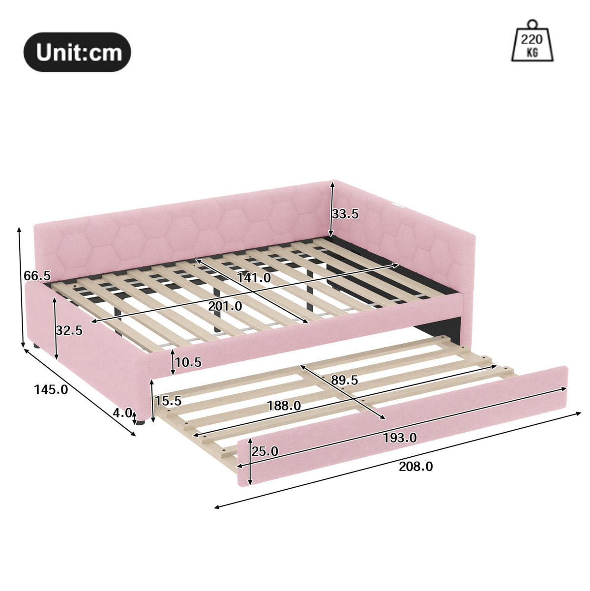 TAGESBETT 140/200 cm mit Ausziehbett, USB- und Typ-C-Anschluss, Nachttischlampe und Vliesimitat-Bezug, Rosa/Weiß - Rosa, Textil (140/200cm) - Redom