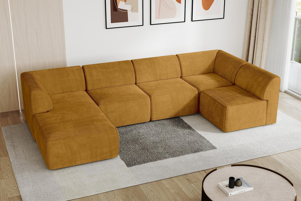 WOHNLANDSCHAFT Ottomane Links MOVA 345x180x78 Senfgelb Cord - Currygelb/Dunkelgelb, Holzwerkstoff/Kunststoff (180/78/345cm) - ALTDECOR