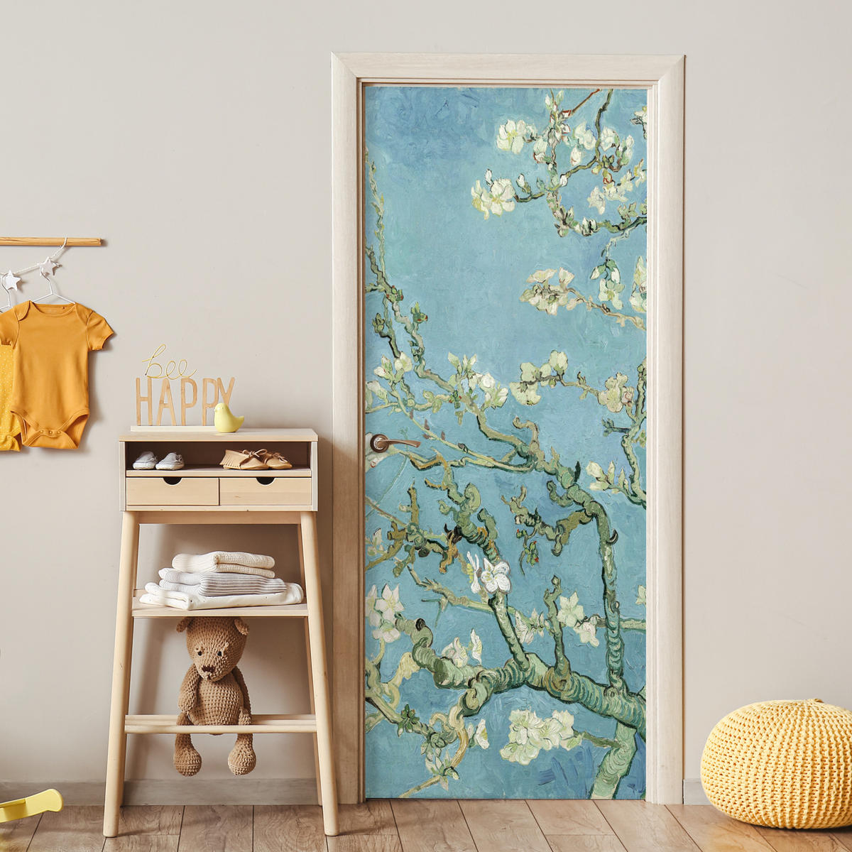 TÜRAUFKLEBER Mandelblüte - Van Gogh - Kunst 90x215 cm - Türtapete - Pastellblau, Kunststoff (90/0.1cm) - MuchoWow