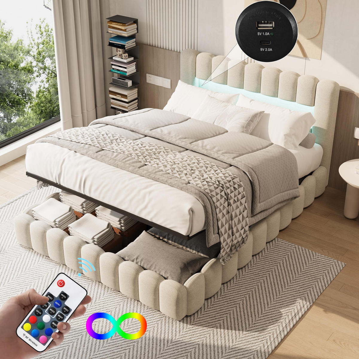 STAURAUMBETT 140x200 cm Doppelbett, mit USB-Anschluss und LED-Beleuchtung, Leinenstoff in Beige - Beige, Holz (140/200cm) - BRILVERDE