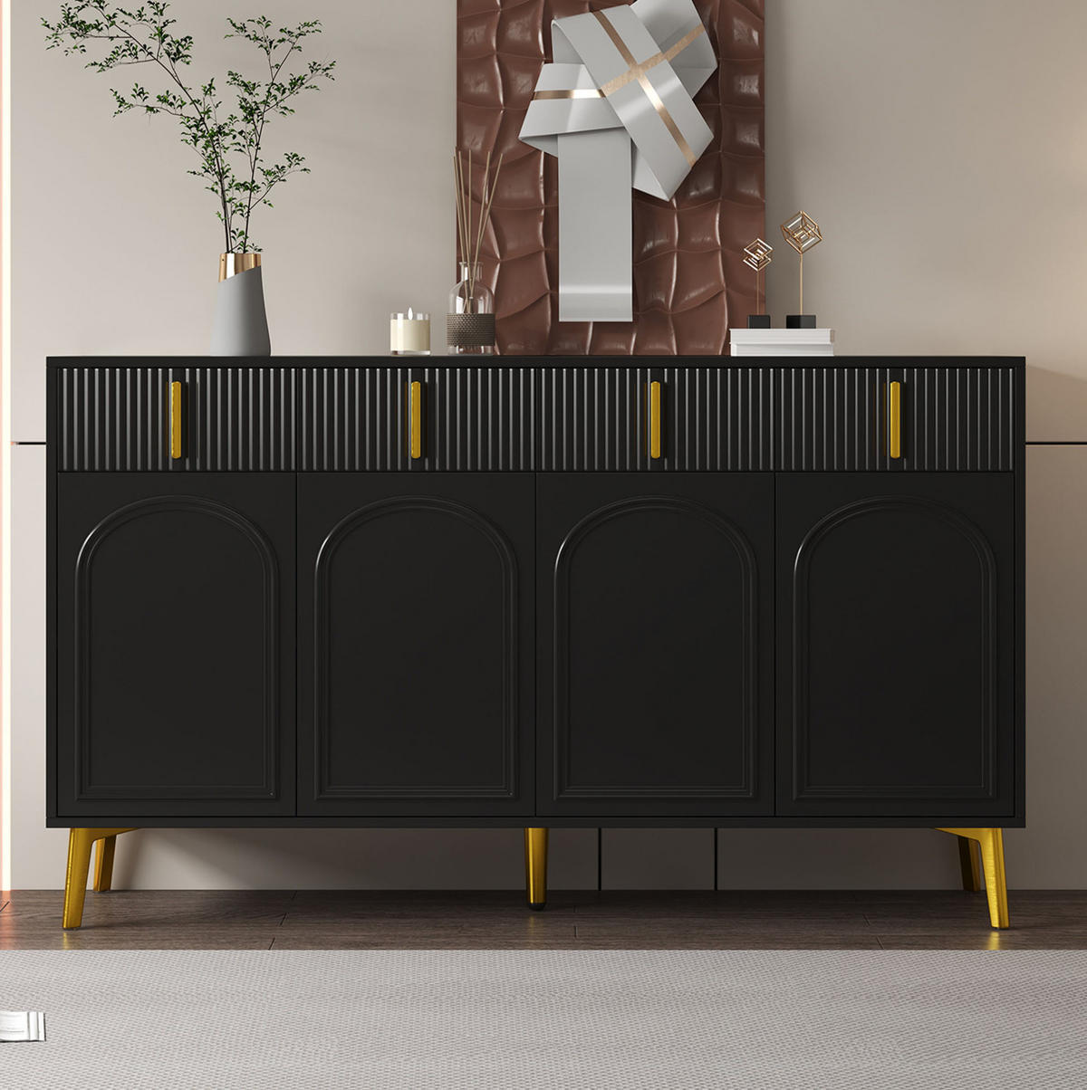 SIDEBOARD mit 4 Türen und 4 Schubladen 140 x 38 x 82 cm Schwarz - Schwarz, Holzwerkstoff (140/82/38cm) - Meubliv