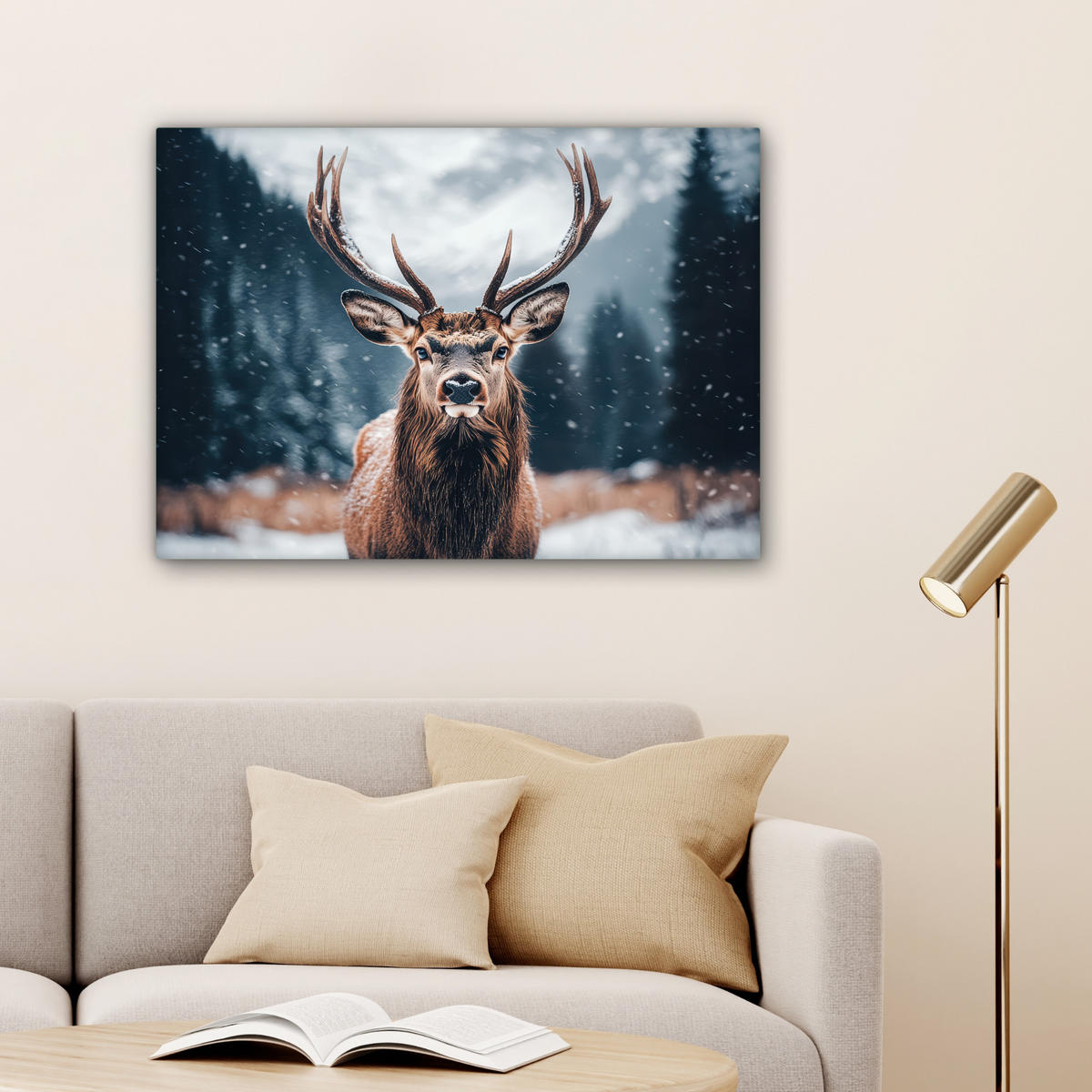 LEINWANDBILD Hirsche - Tiere - Landschaft - Winter - Schnee Wandbilder 80x60 cm - Kastanienfarben, Textil (80/60cm) - MuchoWow