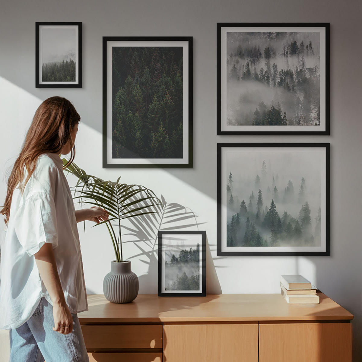 WANDBILDER 5er-Set - 50x50 cm & 20x30 cm & 40x60 cm Schwarzer Rahmen - Grüne Wälder, neblige Landschaft - Schwarz, Kunststoff (40/60cm) - ArtPrintCave