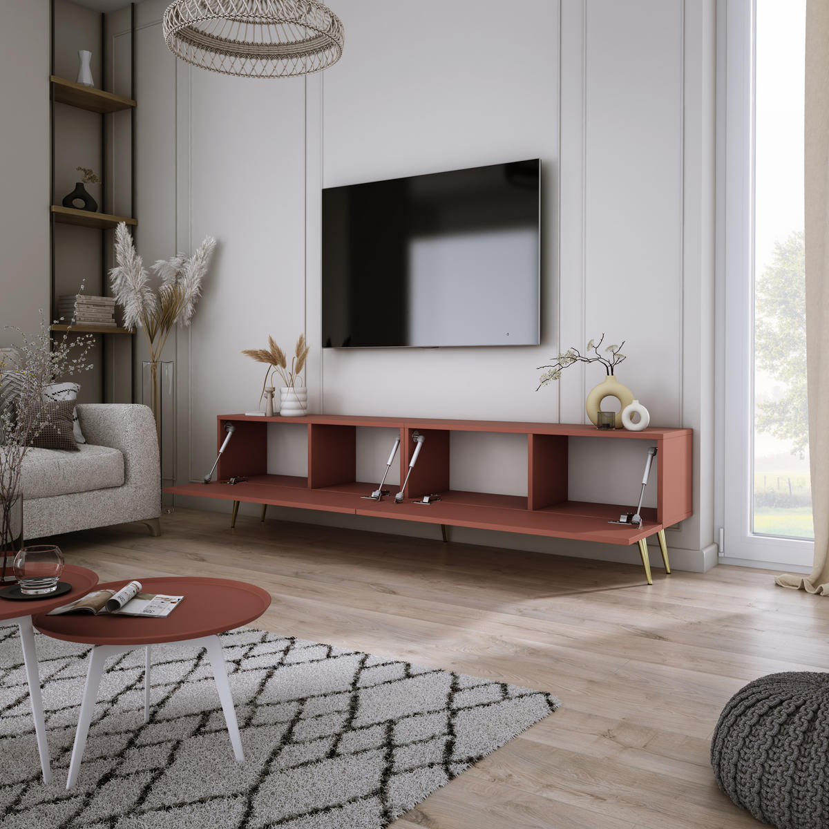 TV-SCHRANK : Ziegelrot, 170 x 52 x 32 cm, Goldene Beine - Rot/Goldfarben, Holzwerkstoff/Metall (170/52/32cm) - 3XE LIVING