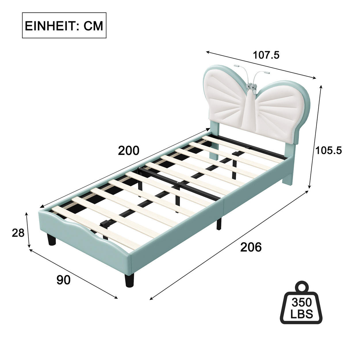 POLSTERBETT 90/190 cm Weiß Blau mit LED-Leseleuchte - Blau, Holz (90/190cm) - SHOPENTRA