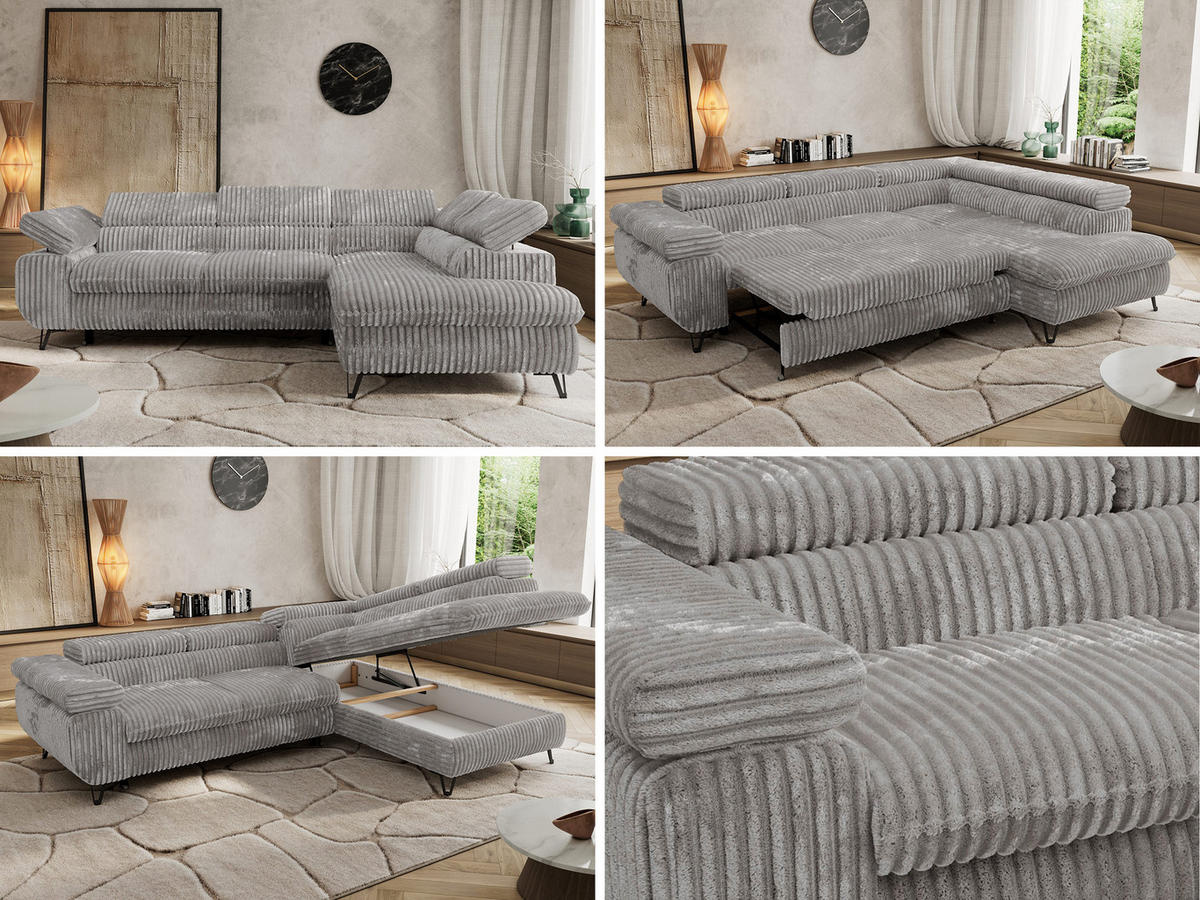 ECKSOFA PABLO L Hellgrau Cord - Rechts Seite mit T25 Topper - Hellgrau/Schwarz, Textil/Metall (273/208cm) - MKS