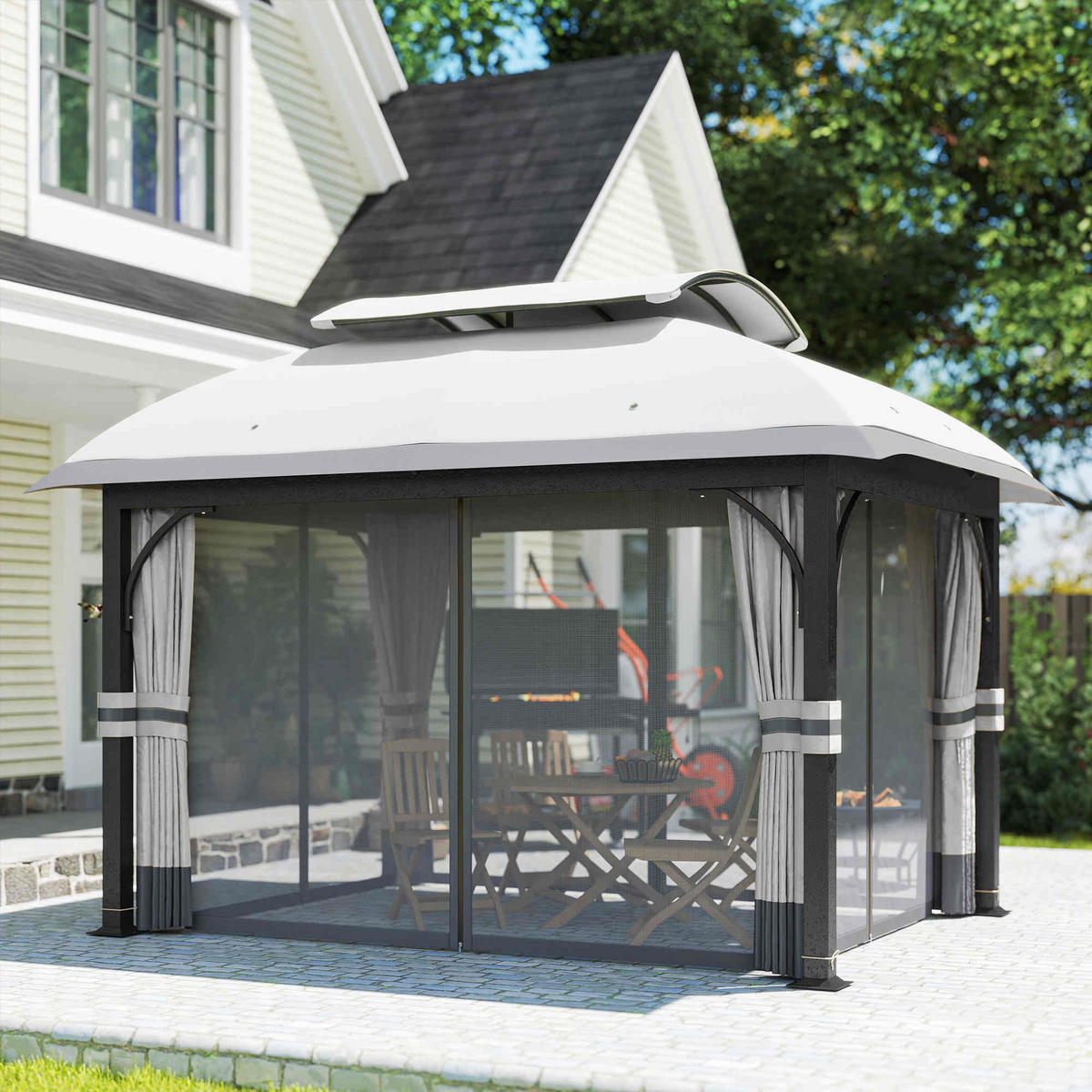 PAVILLON mit Doppeldach - Hellgrau, Metall (330/294/395cm) - Outsunny