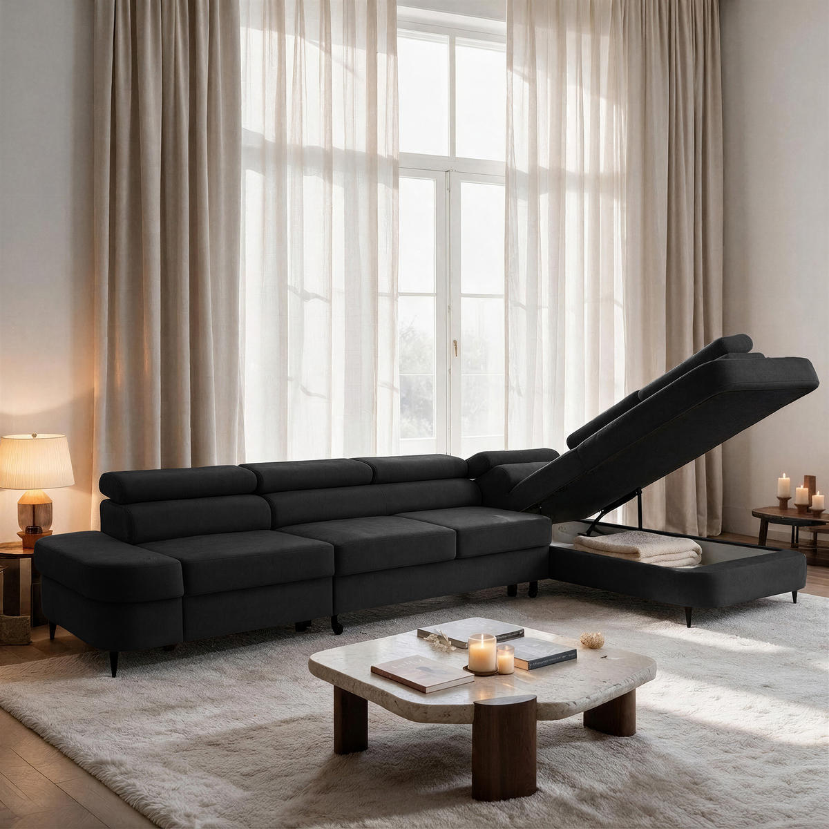 ECKSOFA PRIAM MAXI L-Form Rechts mit Schlaffunktion 125x195 Velours Anthrazit - Anthrazit/Schwarz, Holz/Textil (350/203cm) - Muffo