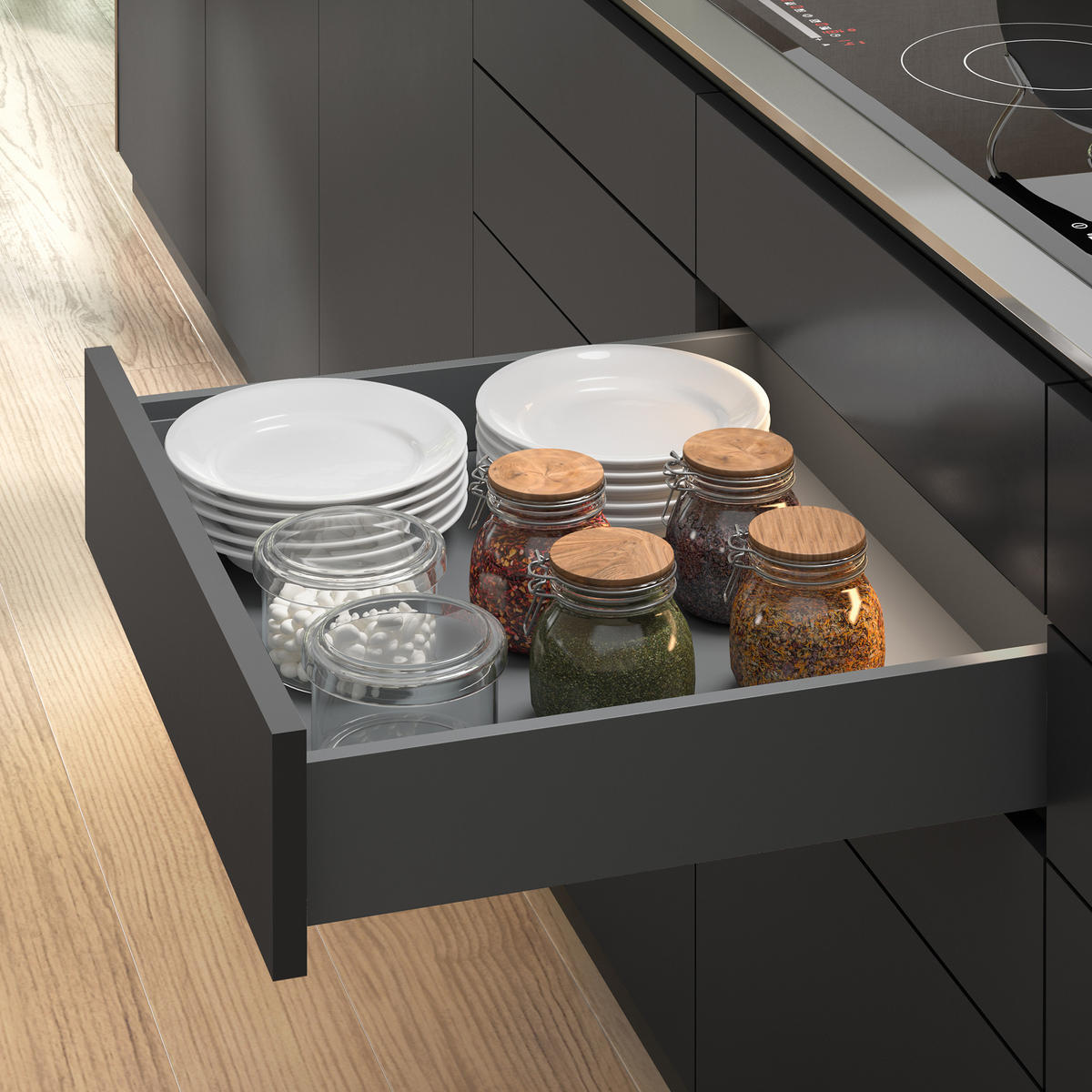 AUSSENSCHUBLADE Vertex mit Push Synchro und 3D-Regelung, Höhe 93mm, 40Kg, Tiefe 500mm, Stahl, Anthrazitgrau - Grau, Metall (1.3/10/50cm) - EMUCA