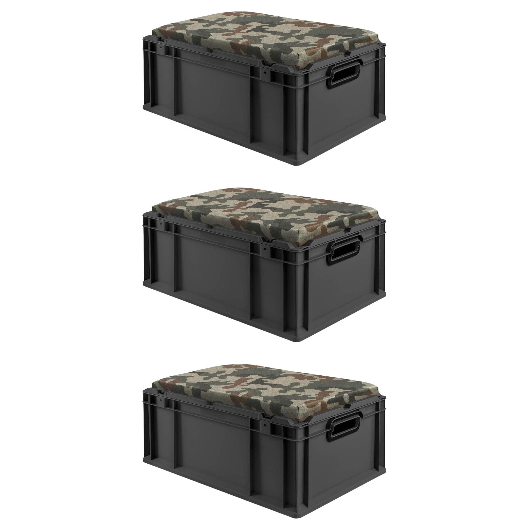 EUROBOX 3x NextGen Seat Camouflage, HxBxT 26,5x40x60cm, 44 Liter, Griffe offen, Schwarz - Schwarz, Kunststoff (40/26.5/60cm) - PROREGAL