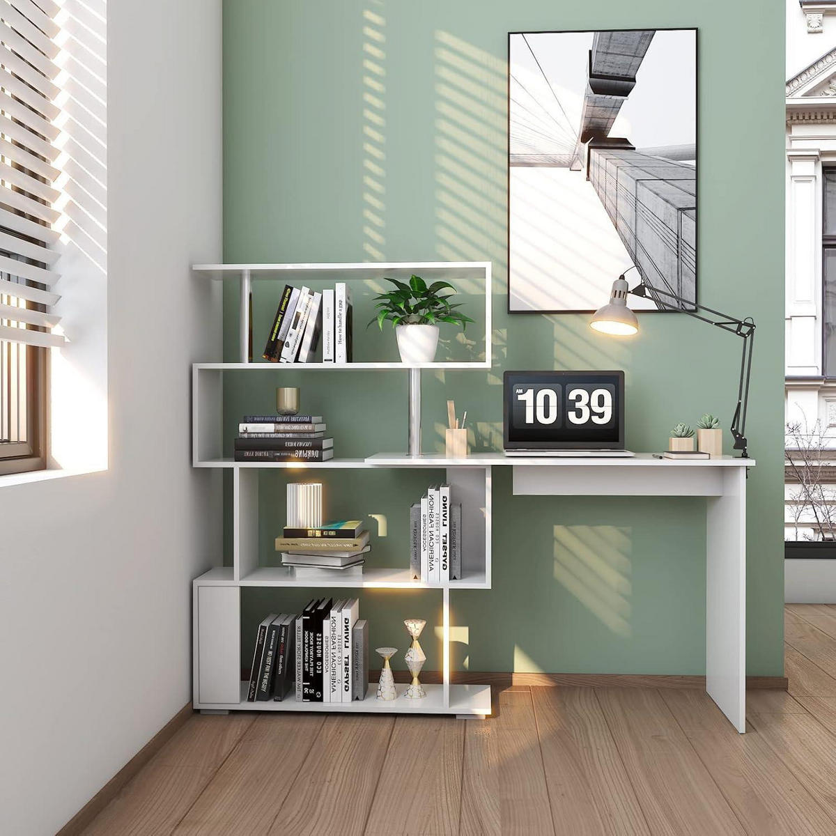 COMPUTERTISCH L-förmig mit drehbarem Bücherregal Weiß 157 x 45 x 130,5 cm - Weiß, Holzwerkstoff (45/157/130.5cm)