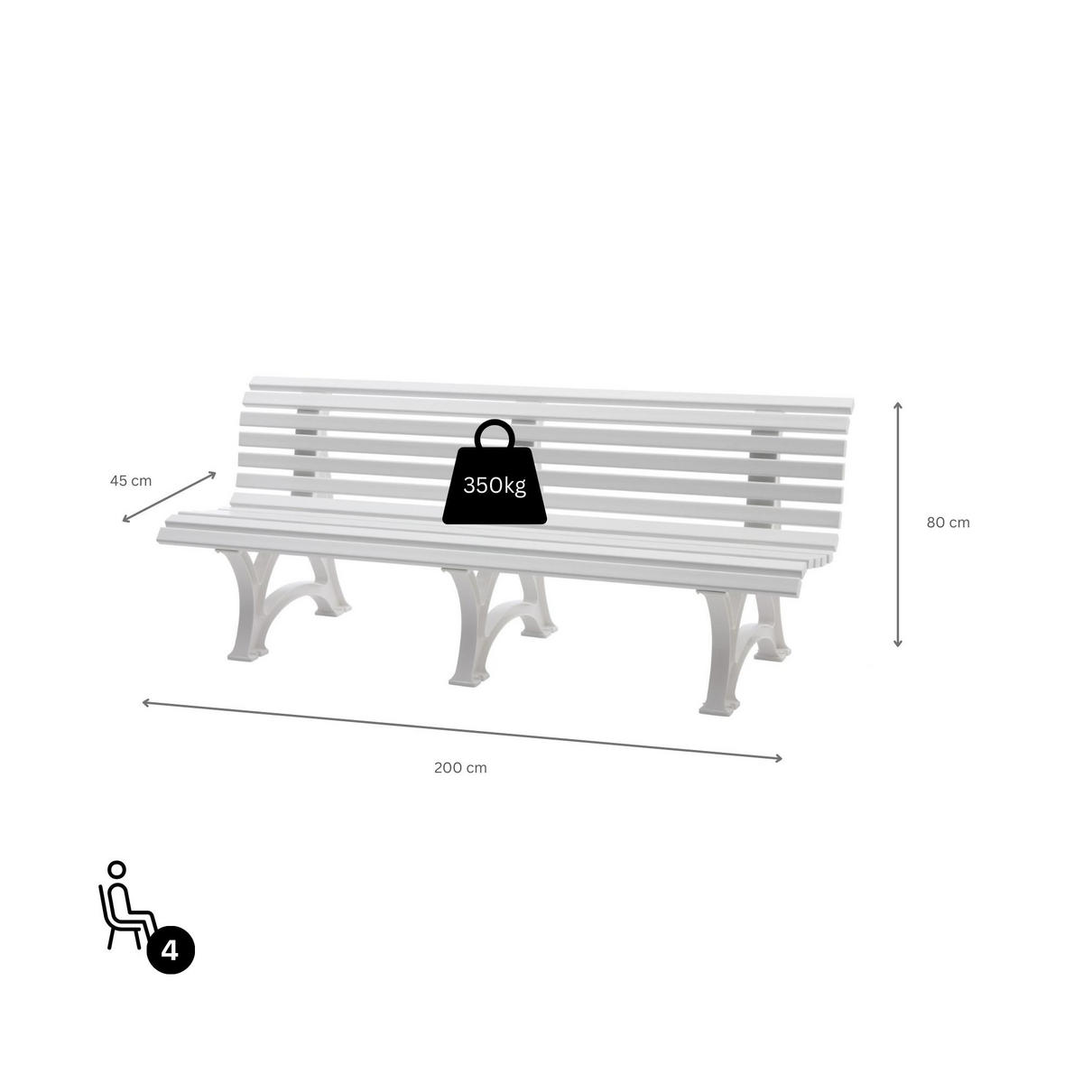 GARTENBANK Jamaika 4 Sitzer Weiß 80 x 200 x 64 cm Witterungskunststoff & UV Beständiger Kunststoff - Weiß, Kunststoff (200/80/64cm) - PROREGAL