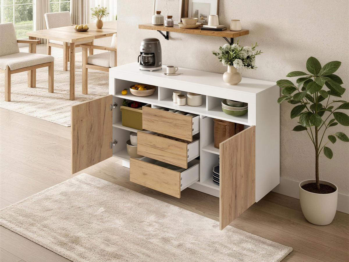 SIDEBOARD 140x40x85 cm mit 2 Türen und 3 Schubladen, Natur/Weiß - Weiß, Holzwerkstoff (140/85/40cm)
