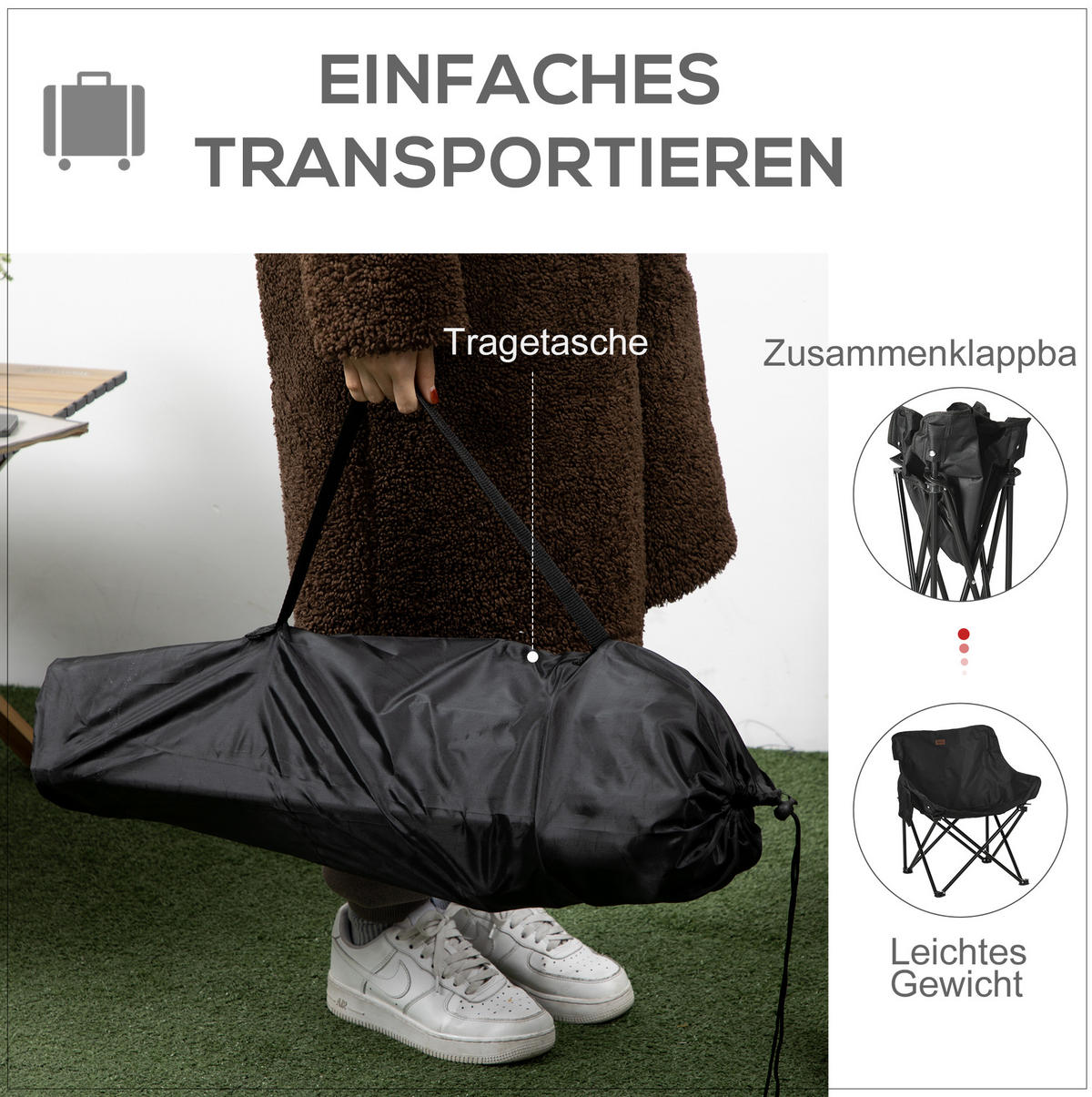 GARTENSTUHL aus Polyester 61x54x66 cm Schwarz faltbar mit Seitentasche und Tragetasche - Schwarz, Kunststoff (54/66/61cm) - Modfu