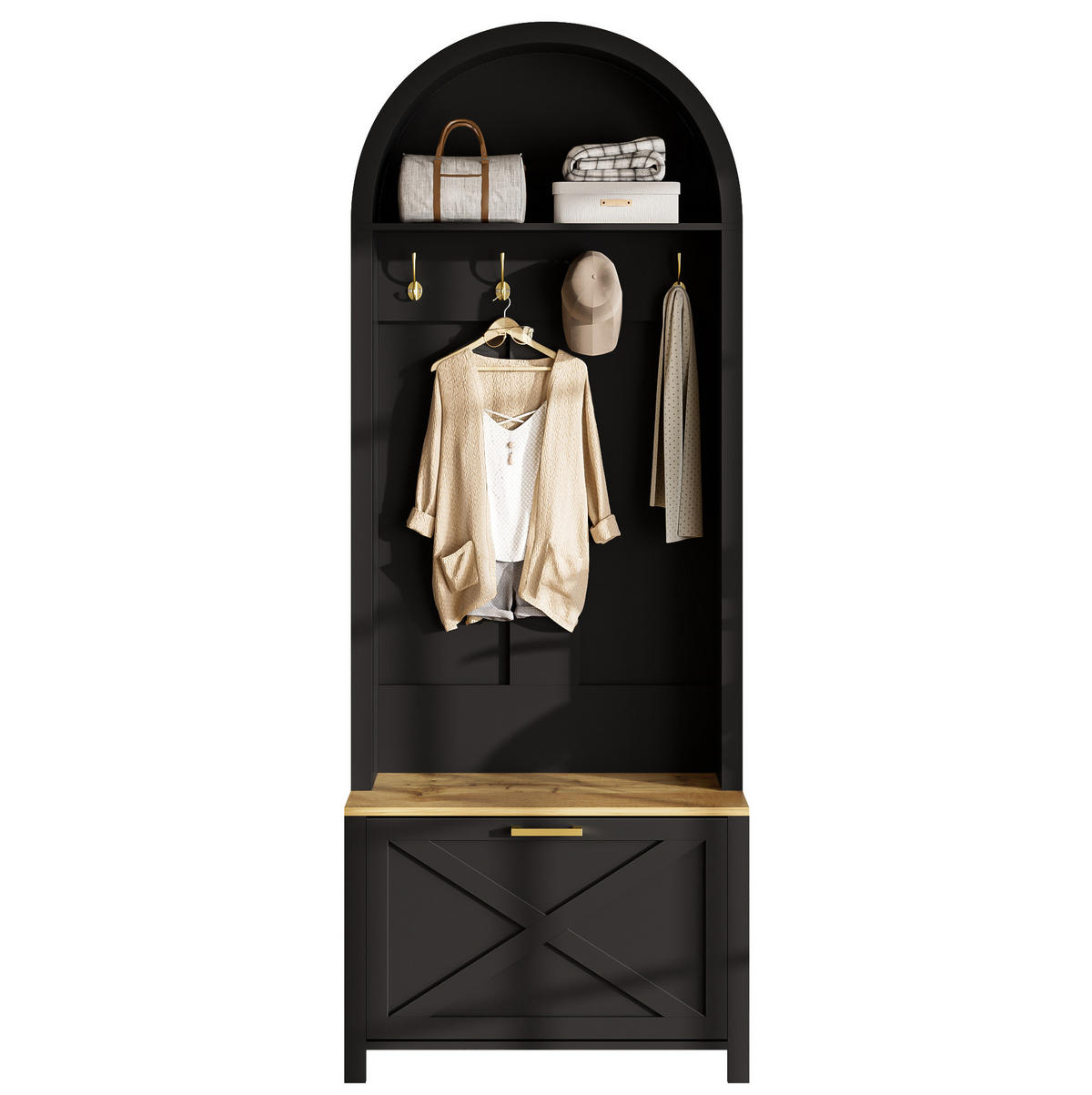 FLURGARDEROBE mit Schuhablage 75/35/195 cm in Schwarz/Natur - Schwarz, Holzwerkstoff (35/195/75cm) - BEAOK
