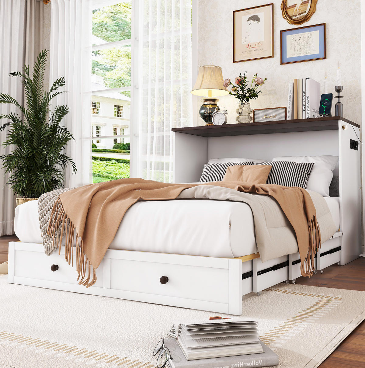 BETT mit Kopfteil 140/200 cm in Weiß – mit Stauraum und USB-Anschluss - Weiß, Holz (140/200cm) - BEAOK