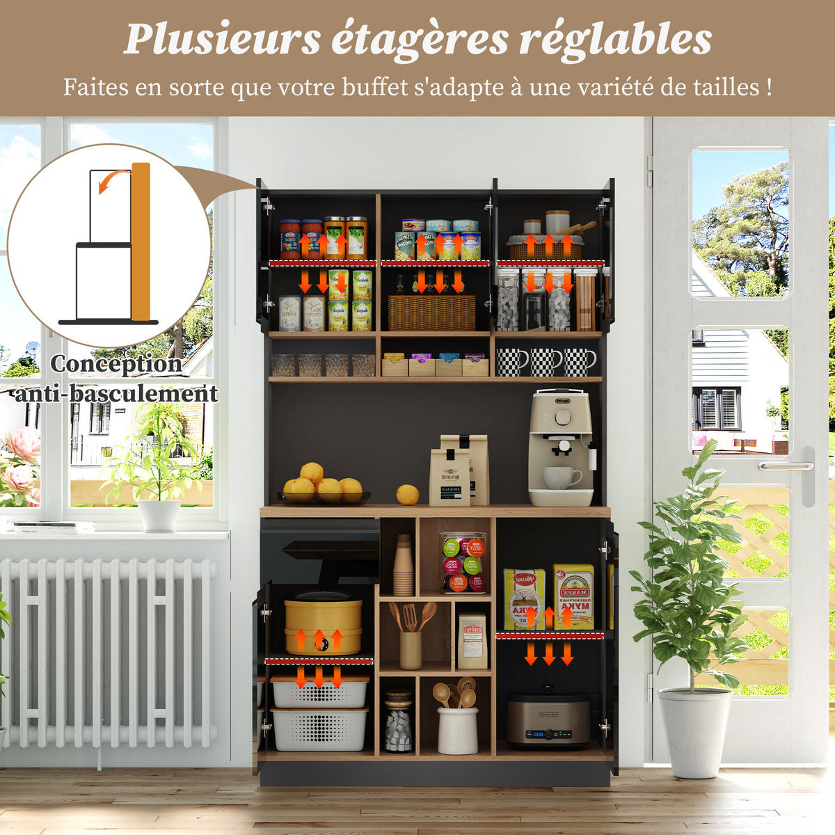 SIDEBOARD 105x45x185 cm, verstellbare Böden, Schwarz - Schwarz, Holz (105/185/45cm)