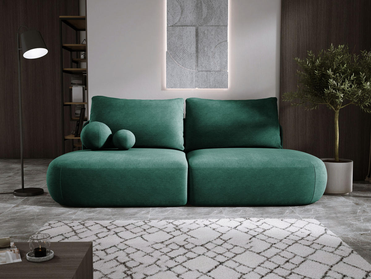 SCHLAFSOFA Moderne BABU mit Schlaffunktion – 3-Sitzer Sofa mit Bettkasten, DL-Automat, 2 Rückenkissen, 2 Zierkissen, 240x90x90 cm, Grün - Grün, Holz/Textil (240/90/90cm) - DomoHome