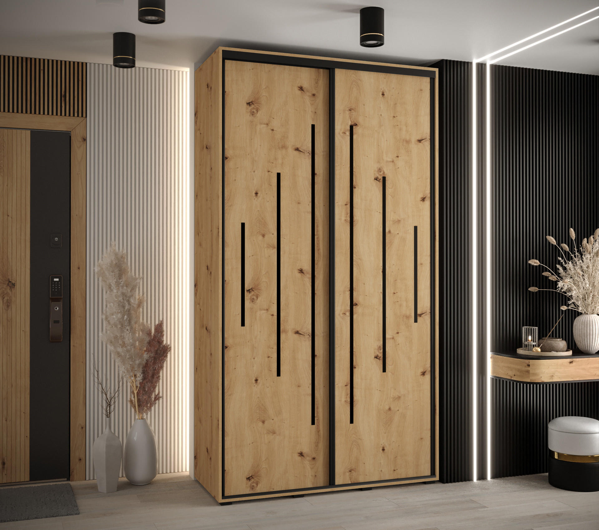 SCHWEBETÜRENSCHRANK 235,2/140/45 2-türig - Schwarz/Eiche Artisan, Holz/Metall (140/235/45cm) - Abiks Möbel