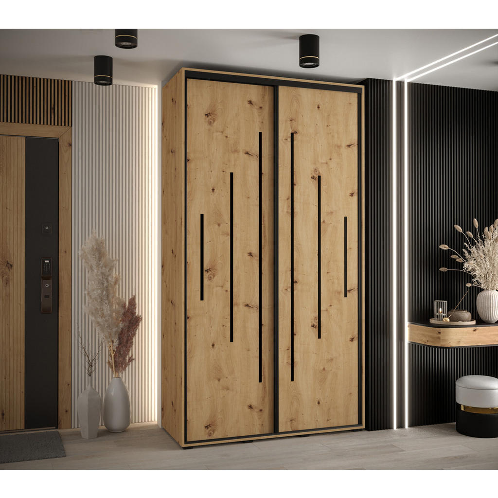 Thumbnail - Abiks Möbel Schwebetürenschrank, Eiche Artisan, Eiche Artisan, Schwarz, Metall, Nachbildung, 6 Fächer, 130x235x60 cm, Sc...