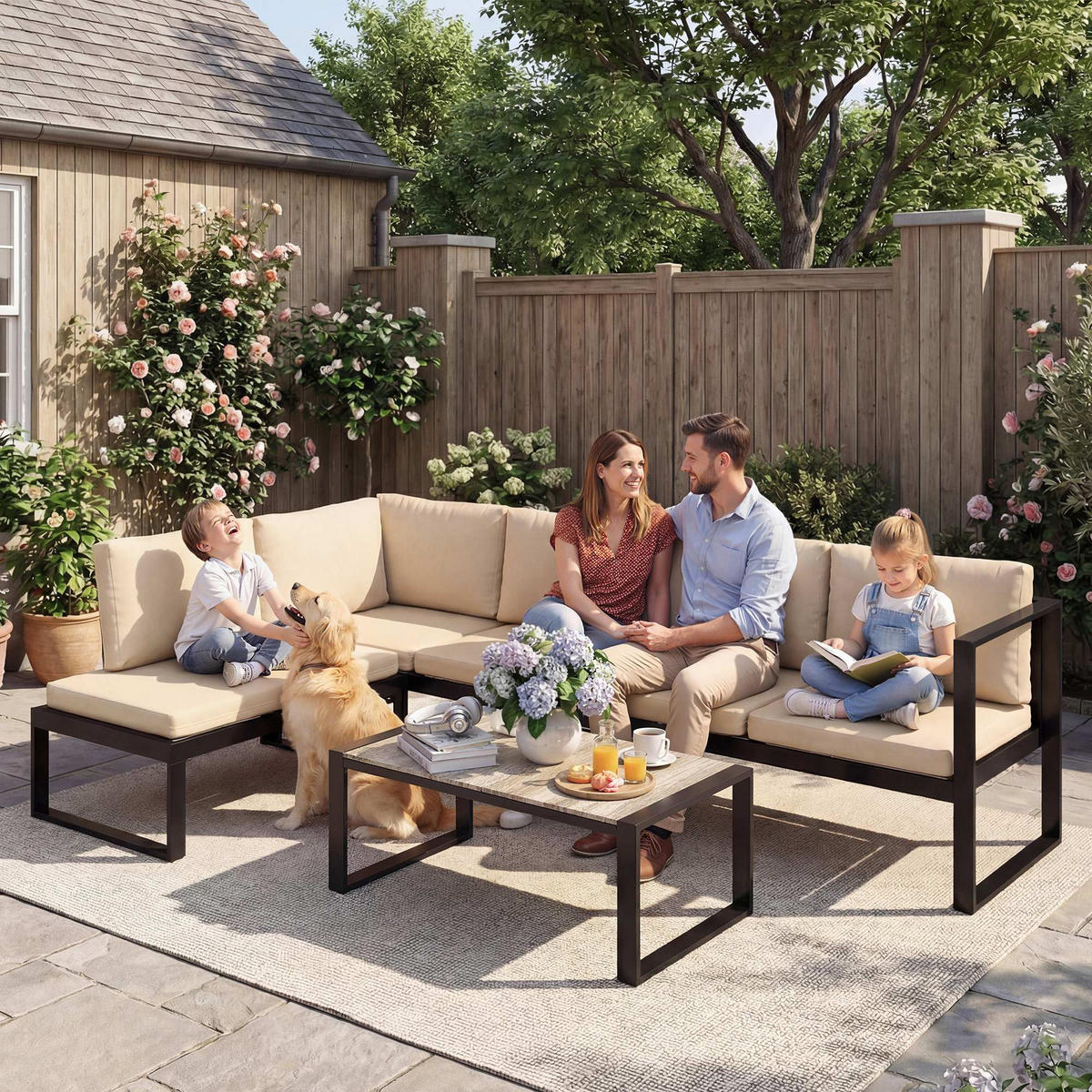 GARTENMÖBEL-SET DE-06584 4-tlg. mit 2 Zweisitzern & Couchtisch Khaki - Taupe, Textil/Metall - ComfortXL