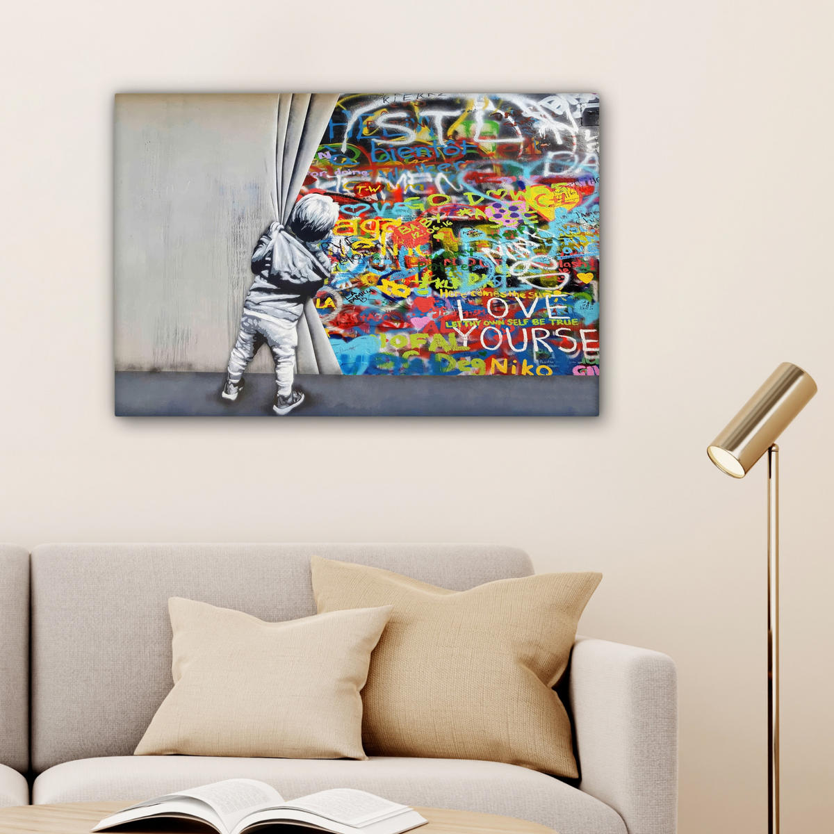 LEINWANDBILD Graffiti - Junge - Ilussie - Straßenkunst Wanddeko 90x60 cm - Hellgrau, Textil (90/60cm) - MuchoWow