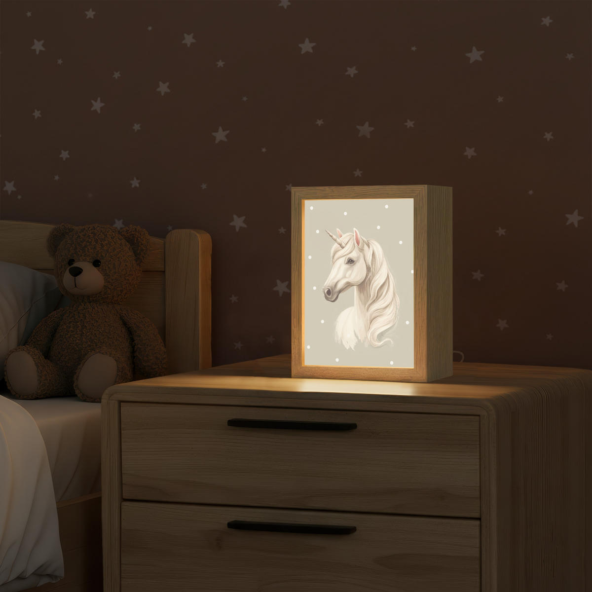 NÁSTĚNNÁ LAMPA Jednorožec - bílý - tečky 15x20 cm - šedohnědá, kompozitní dřevo (15/20/8cm) - OnlyWow