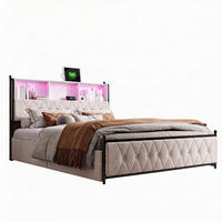 POLSTERBETT 160x200 cm mit USB- und LED-Kopfteil, Bett mit Stauraum und 4 Schubladen, Lattenrost, Samt, Beige - Beige, Holz/Metall (160/200cm) - GENKI LIVING