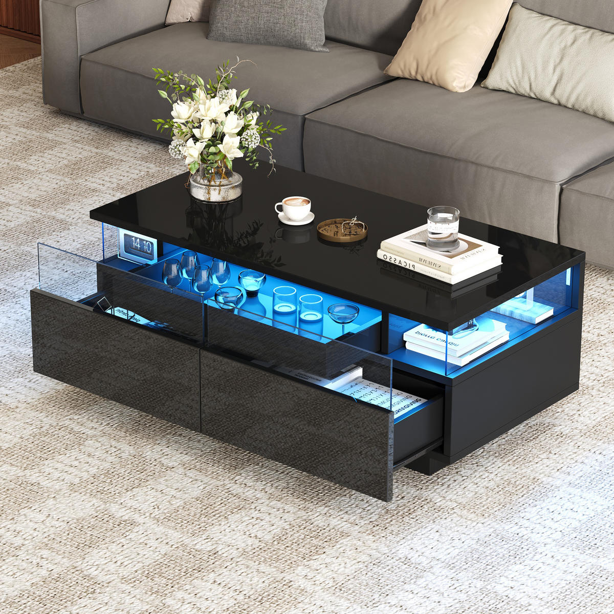 COUCHTISCH 90x45cm Schwarz Hochglanz LED 2 Schubladen Tablett Sicherheitsglas - Schwarz, Holz (106.05/49/13.97cm) - FLIEKS