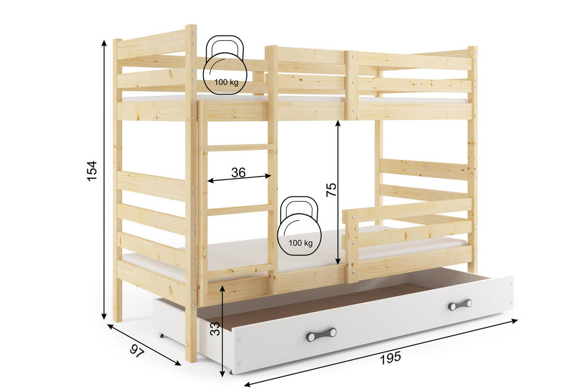 ETAGENBETT ERYK 90/190 cm aus massivem Kiefernholz, weiß, mit Schublade, ohne Matratzen - Kieferfarben, Holz - Interbeds