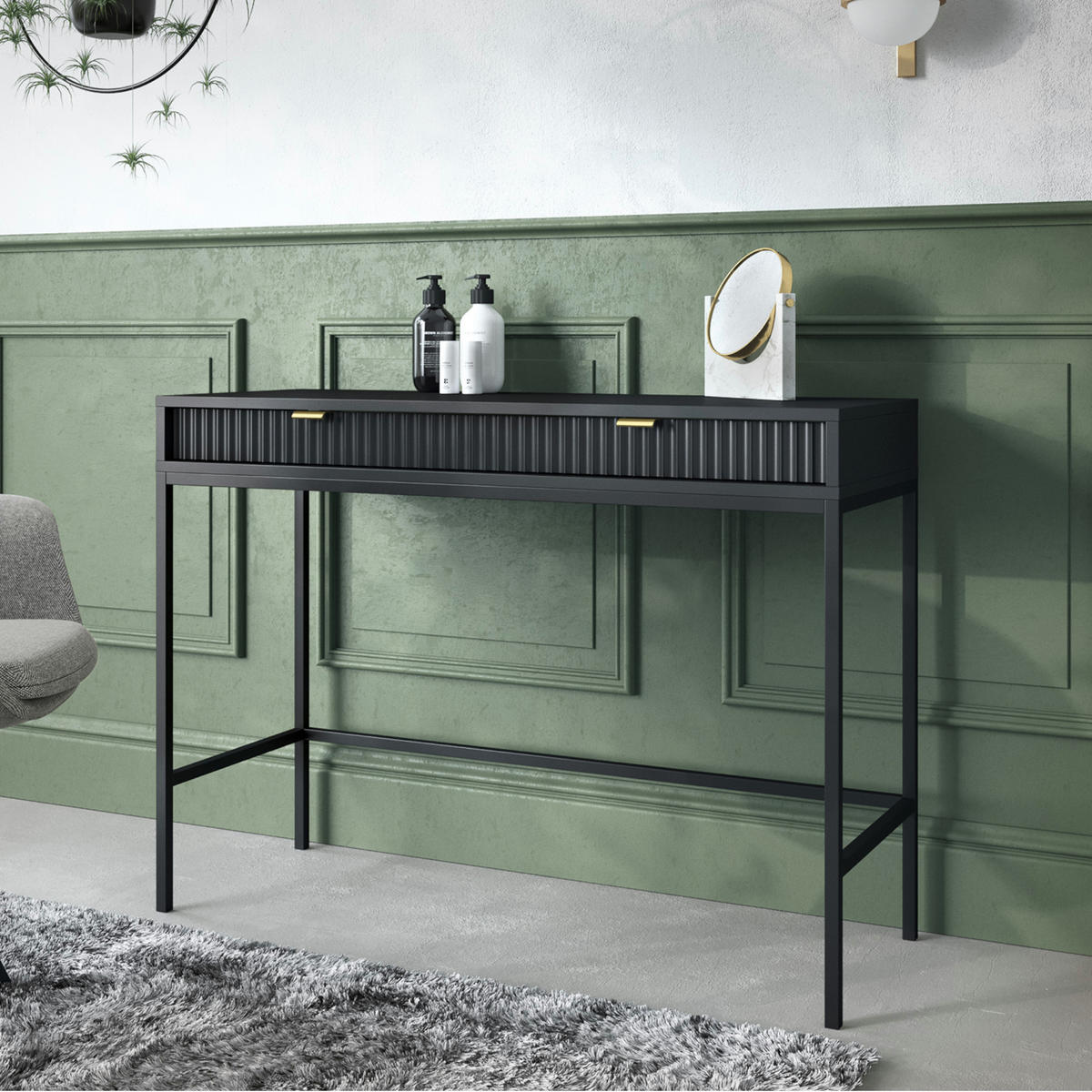 SCHMINKTISCH NANAIMO TOA1-2S Profilierte Fronten, Schwarz - Schwarz, Holzwerkstoff/Kunststoff (104/77/50cm) - Komodee