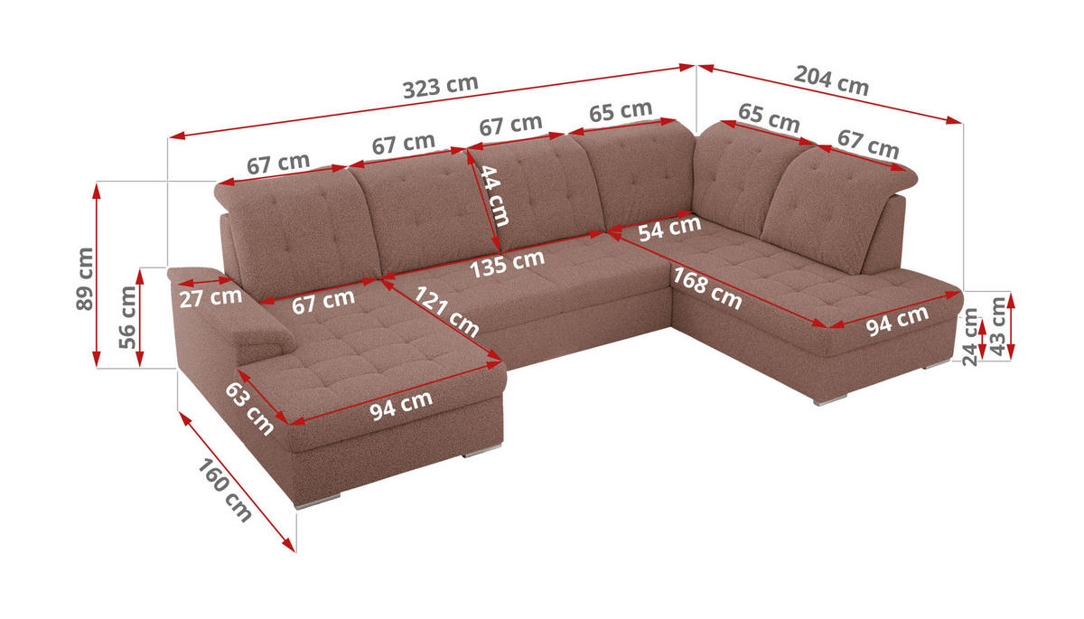 WOHNLANDSCHAFT MADRITO U - Rosa Boucle - Links - Silberfarben/Rosa, Textil/Metall (204/89/323cm) - MKS