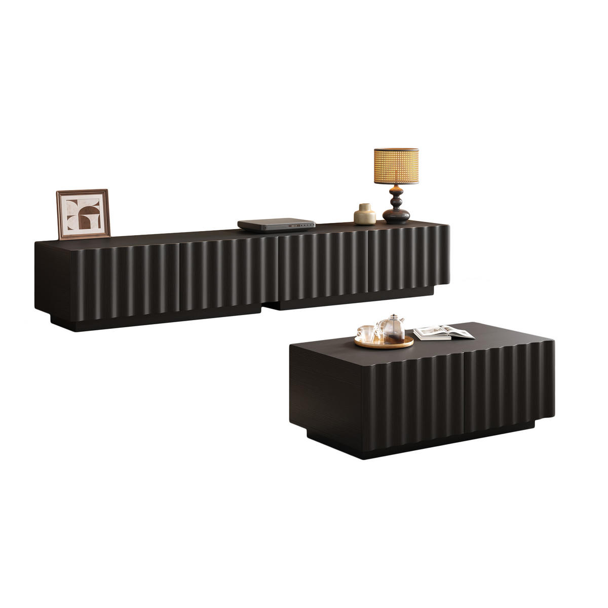 LOWBOARD TV-Schrank & Couchtisch Set, 3D Wellenfronten Design, 4+2 Schubladen, minimalistischer Stil - Schwarz, Holzwerkstoff (200/35/40cm) - EVRYAE