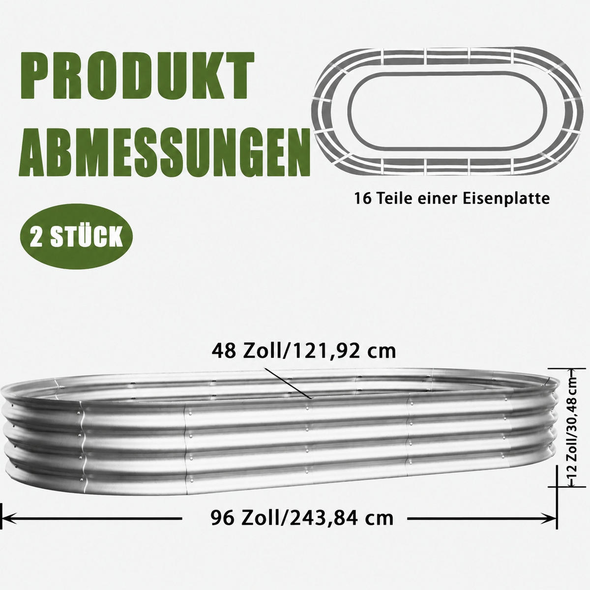 HOCHBEET 243.84/121.92/30.48 cm Silber Metall (2 Stück) - Silberfarben, Metall (122/30.5/243.8cm) - Oxeza