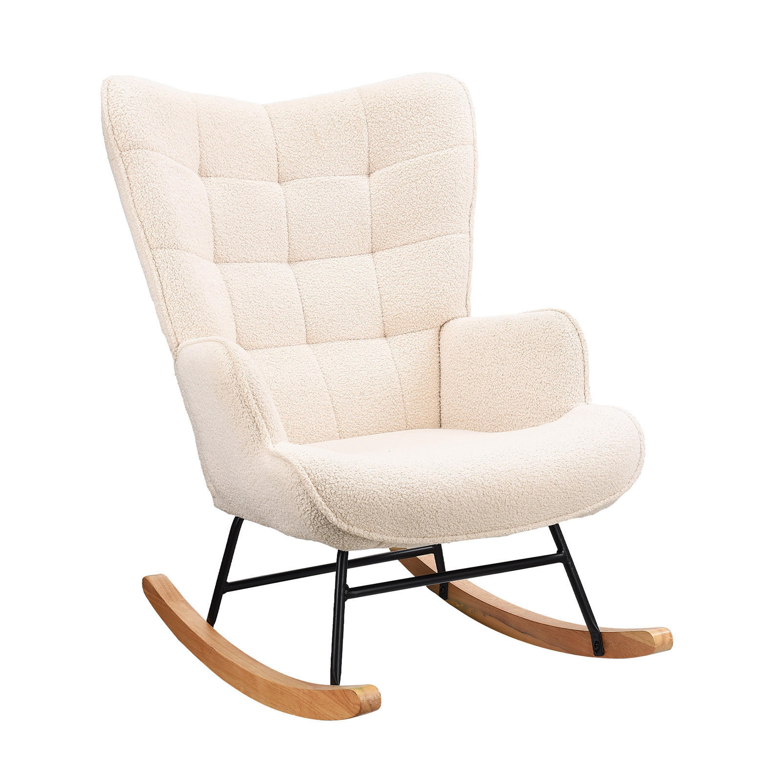 SCHAUKELSTUHL mit Metallgestell und Holzsockel, Teddystoff, Beige - Beige, Holzwerkstoff (68/92/75cm) - BursDany
