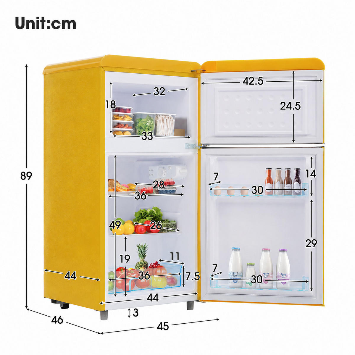 KÜHL-GEFRIER-KOMBINATION 72 l, 21 l Gefriervolumen, Energieeffizienzklasse E, Gelb - Gelb, Metall (45/73/46cm) - FOHERE
