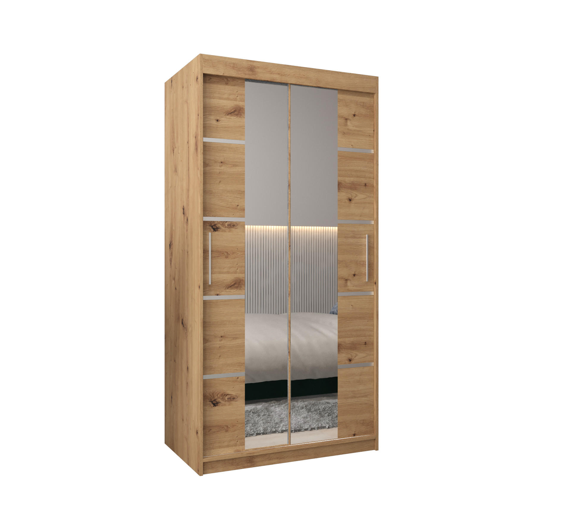 Abiks Möbel Schwebetürenschrank Eiche Artisan, Silber 100x200x62 cm