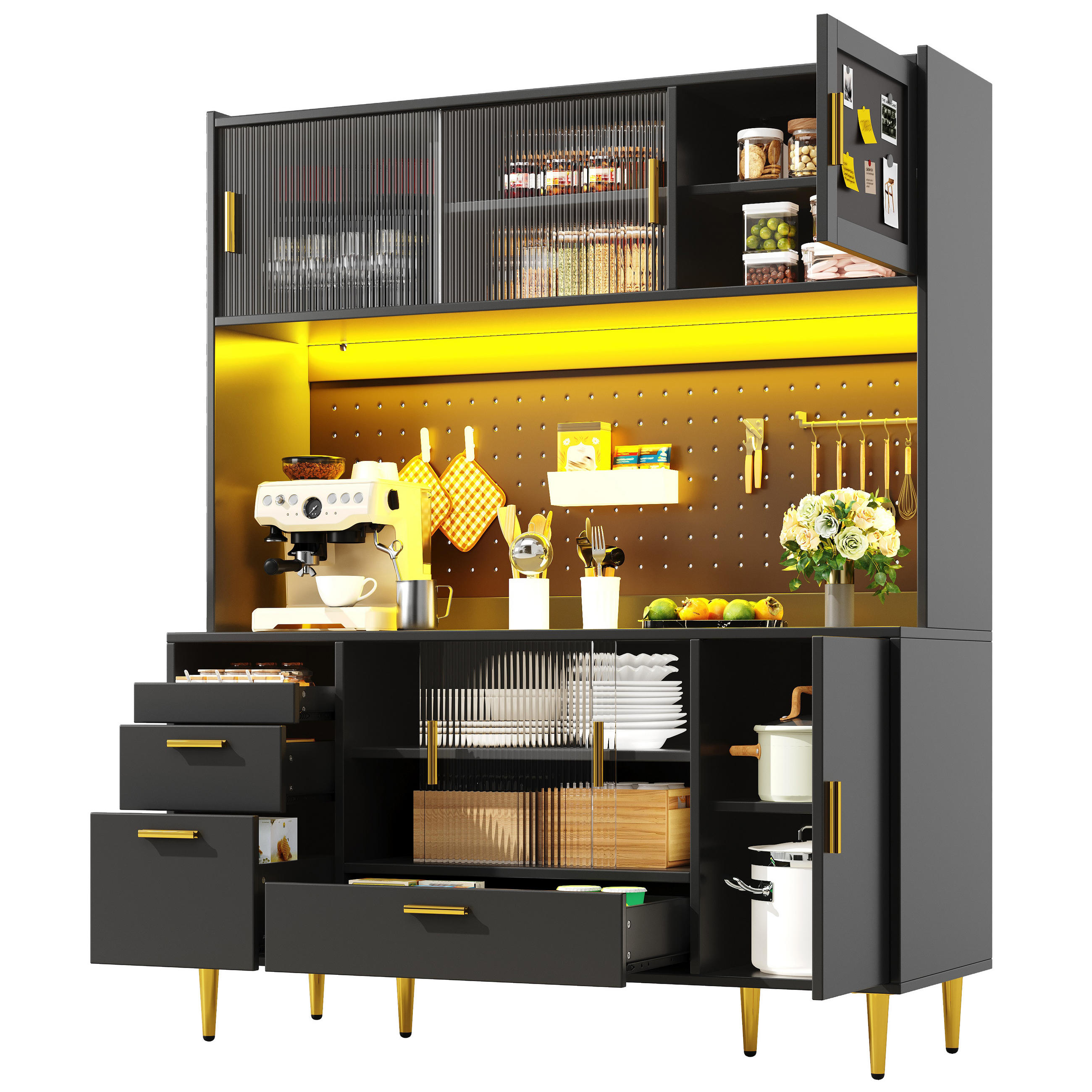 BUFFET mit Vitrine, Schubladen, LED, offenen Fächern, Schwarz-Gold - Schwarz, Holzwerkstoff/Metall (140/180/40cm) - EVRYAE