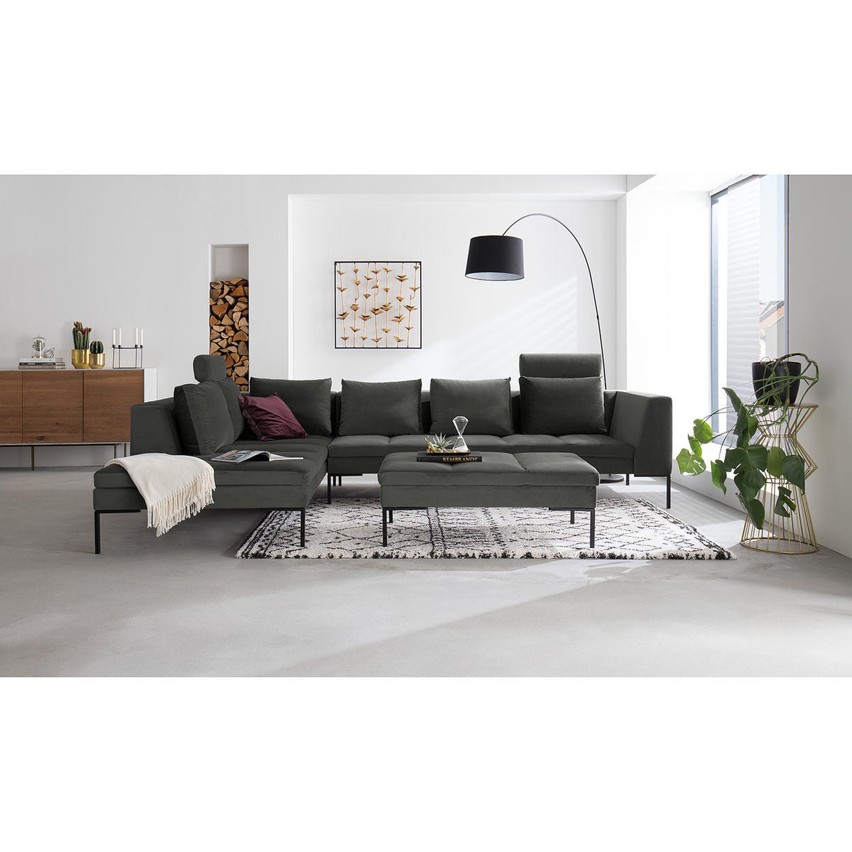 ECKSOFA mit Ottomane - Schwarz/Grün, Textil/Metall (319/230cm) - home24