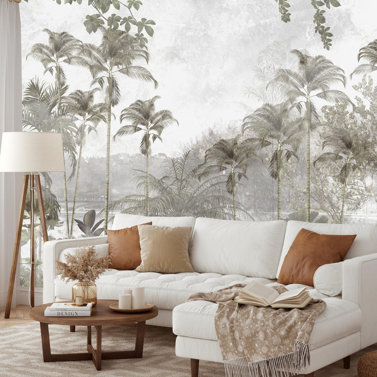 FOTOTAPETE für Wohnzimmer Tropische Bäume Fluss Grau Palmen 400x280 - Beige/Grau, Papier (400/280cm) - Muralo