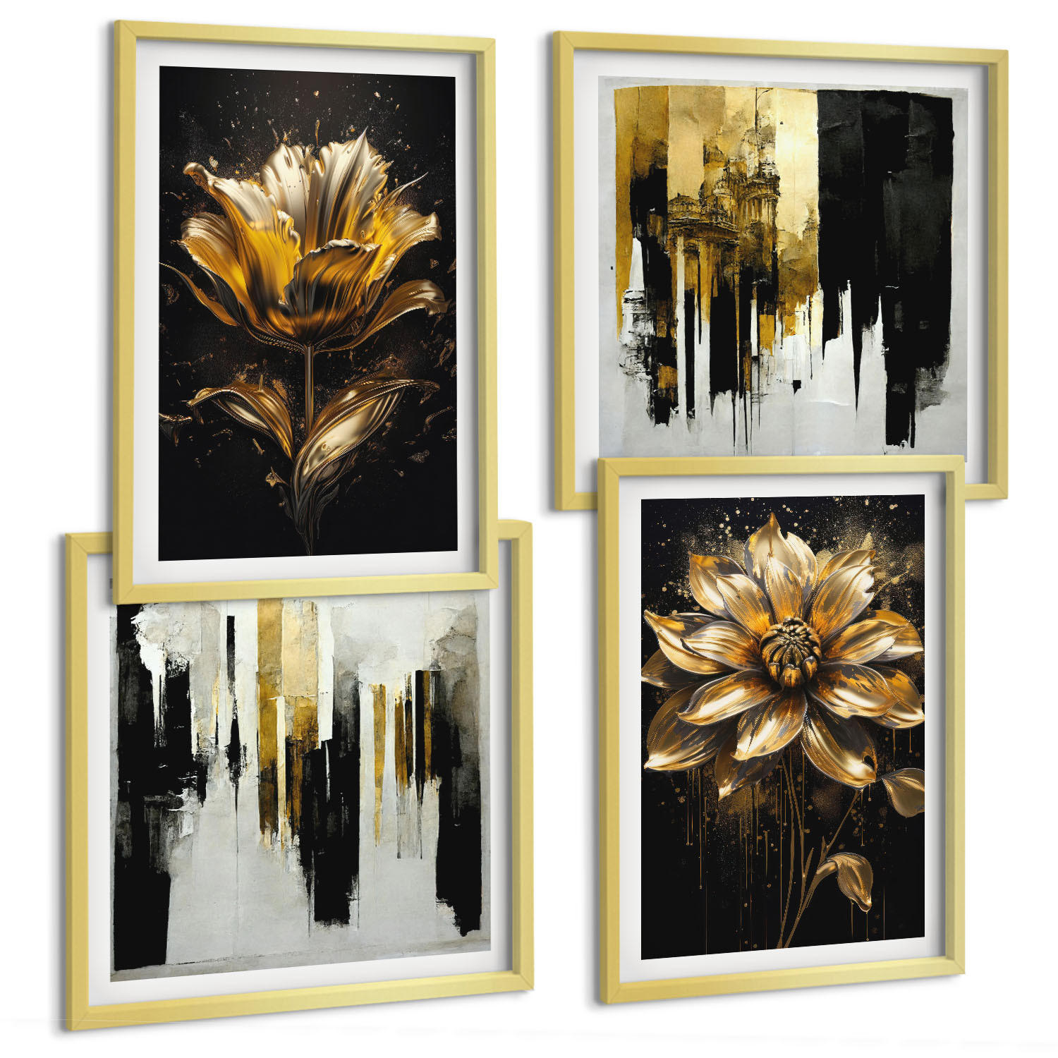 BILDER SET 4er Set - 50x50 cm & 40x60 cm Goldrahmen - Stilvolle moderne Blumen - Goldfarben, Kunststoff (50/50cm) - TULUP
