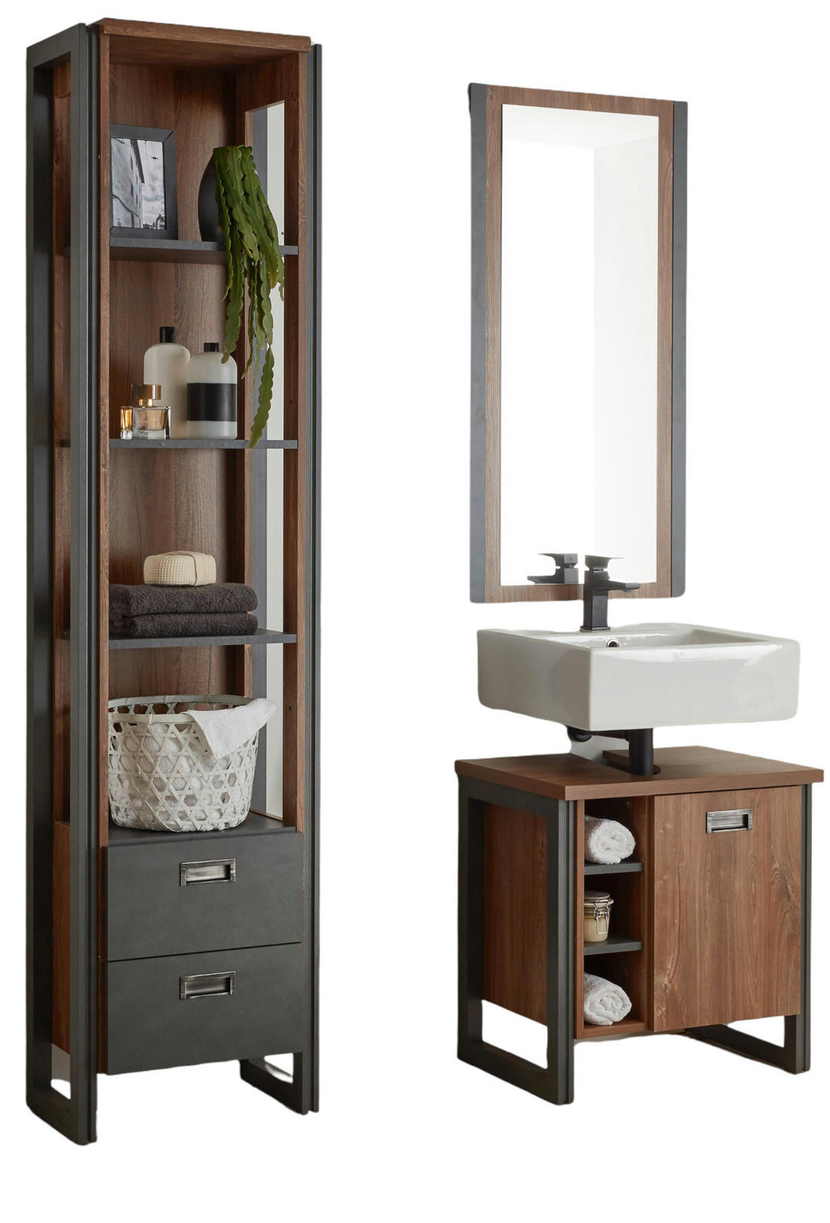 BADMÖBEL-SET 3-teilig Eiche Stirling, Matera grau, Badkombination 120 x 205 cm - Eichefarben/Grau, Holzwerkstoff (120/205/40cm)