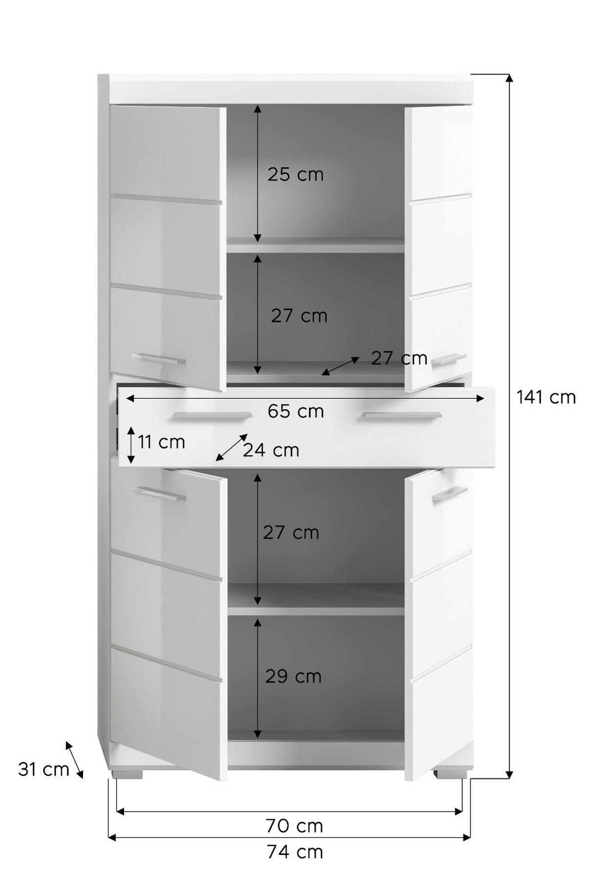 MIDISCHRANK weiß Hochglanz 74 x 141 cm, Badschrank 4-türig - Weiß Hochglanz/Silberfarben, Holzwerkstoff/Kunststoff (74/141/31cm) - Inn.Furn