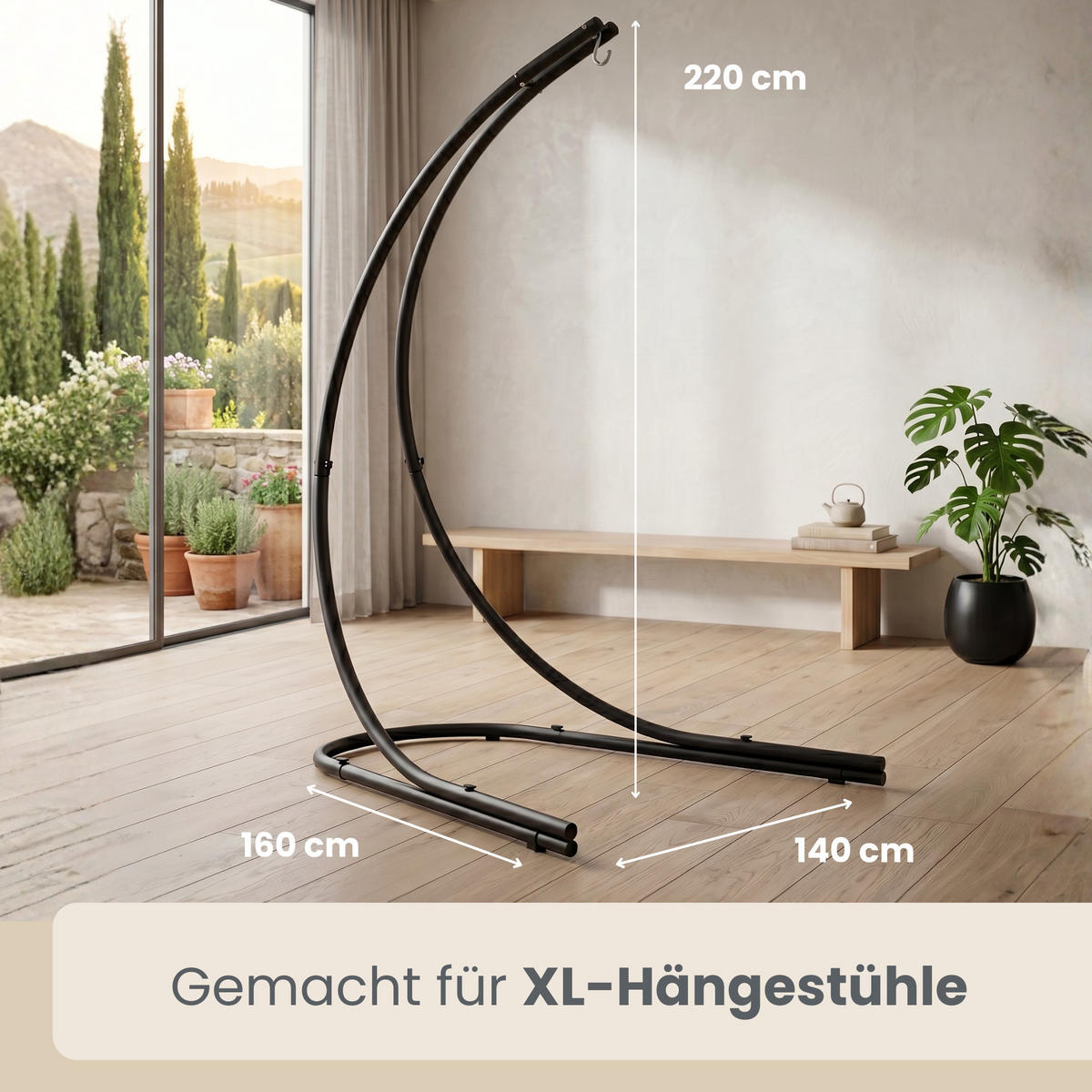XL-HÄNGESESSELGESTELL, 210cm, bis 150kg, Schwarz - Schwarz, Metall (160/140/210cm) - Amanka