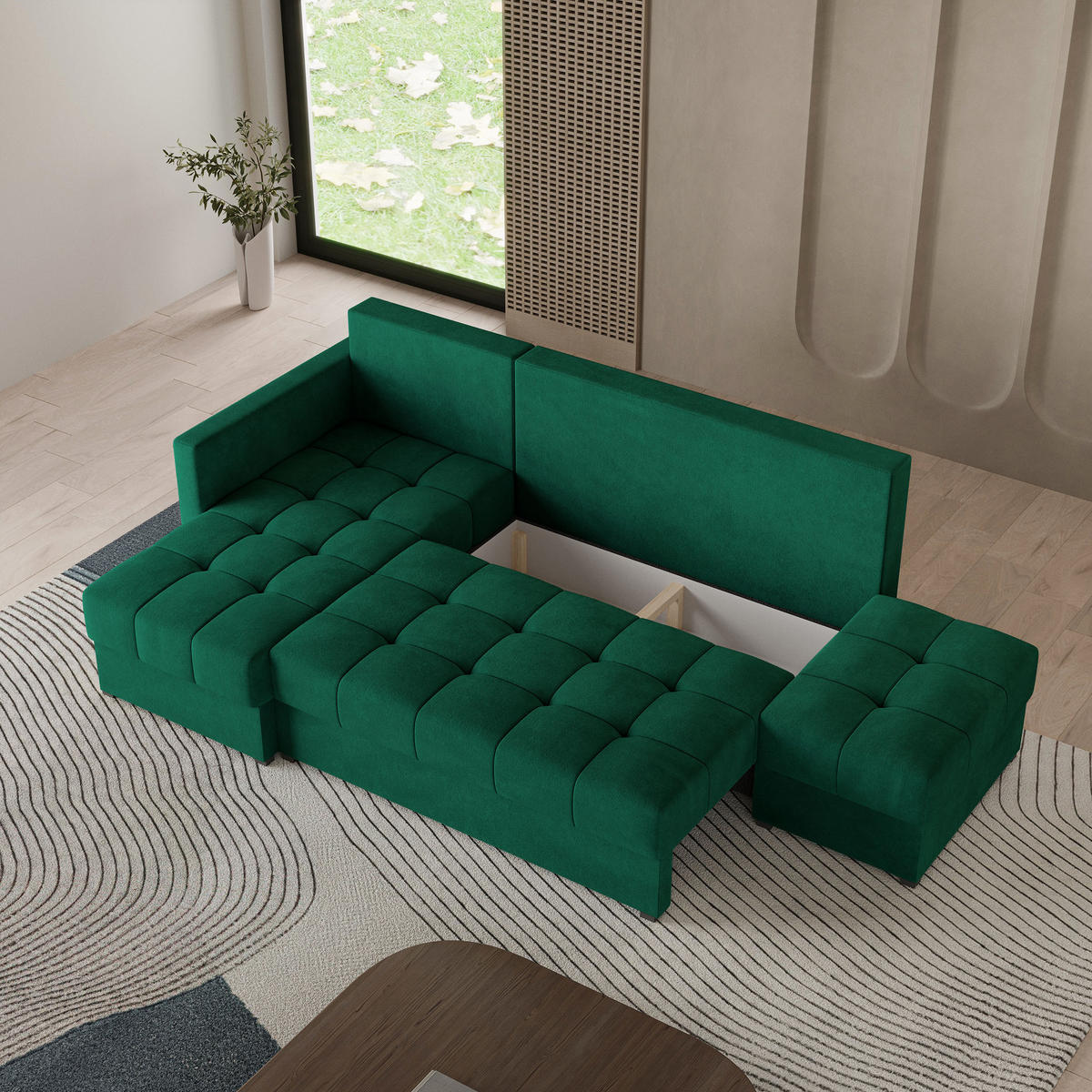 ECKSOFA LUMARI L-S Grün Plüsch-Stoff mit Schlaffunktion - Grün, Holz (262/143cm) - MASSENO