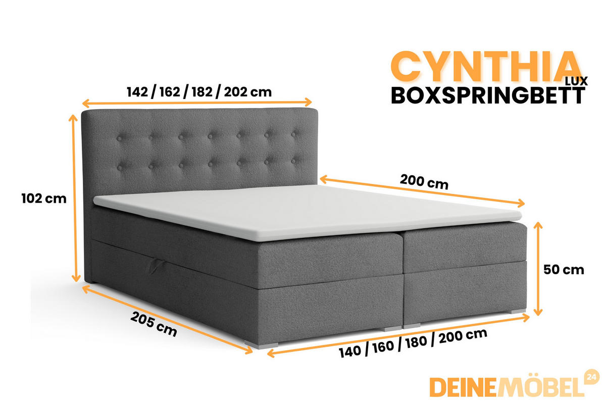 BOXBETT CYNTHIA LUX 140/200 in Boucle Grau H3 - Grau, Holzwerkstoff (140/200cm) - Deine Möbel 24